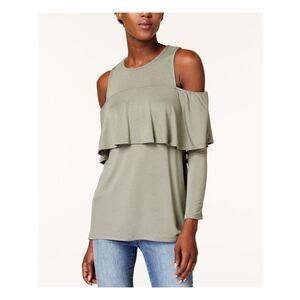 KENSIE Womens Black Ruffled Long Sleeve Jewel Neck Tunic Top Size: S